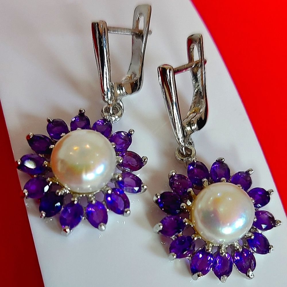 Natural Round Pearl 9mm & Amethyst 925 Sterling Silver Earrings‎